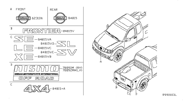 2010 Nissan Frontier Body Side Emblem Diagram for 99098-EA80C
