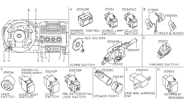 2015 Nissan Frontier Switch Assy-Combination Diagram for 25560-9BM0C