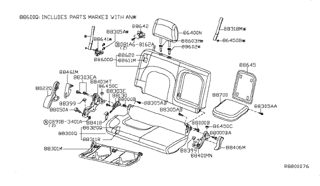 2018 Nissan Frontier Rear Seat Armrest Assembly Diagram for 88700-9BL3E
