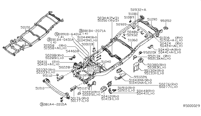 2007 Nissan Frontier Frame Assy Diagram for 50100-EB010