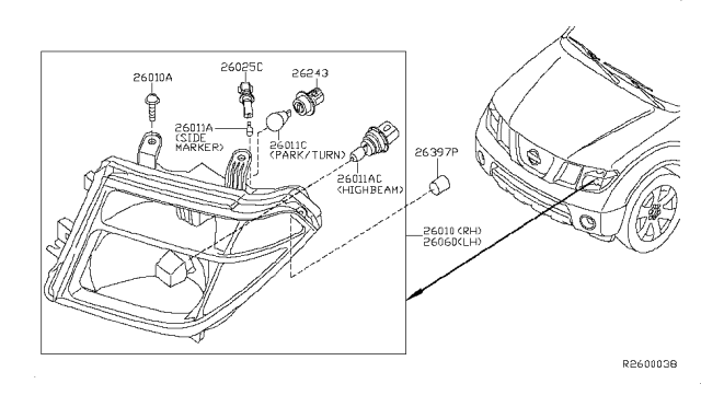 2012 Nissan Frontier Passenger Side Headlight Assembly Diagram for 26010-ZL40A
