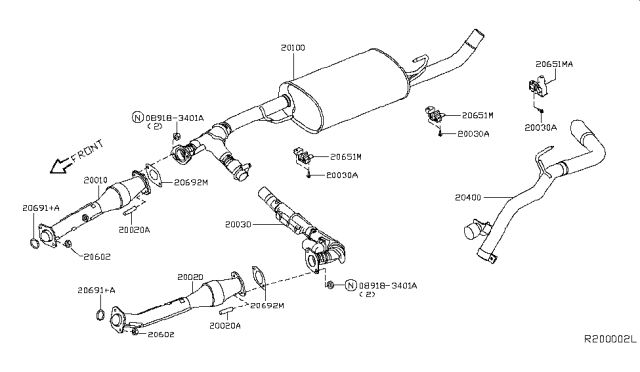 2019 Nissan Frontier Front Exhaust Tube Assembly Diagram for 20020-EA000