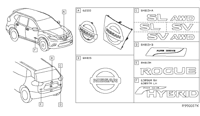 2017 Nissan Rogue Front Radiator Grille Emblem Diagram for 62890-6FL0A