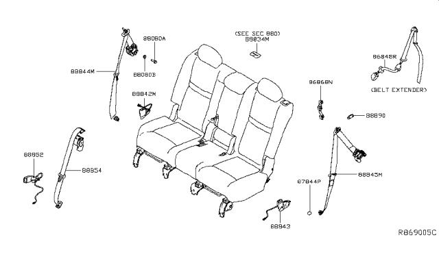 2019 Nissan Rogue Rear Seat Right Tongue Belt Assembly Diagram for 88844-9TA0B