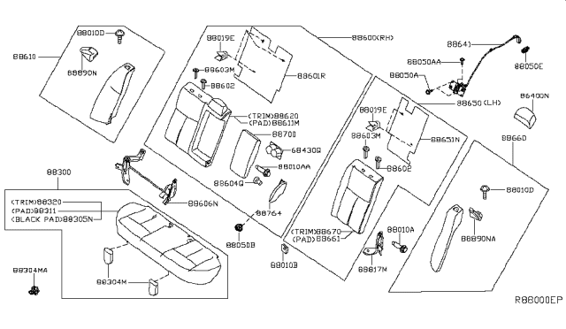 2015 Nissan Altima Rear Seat Armrest Assembly Diagram for 88700-3TE3A