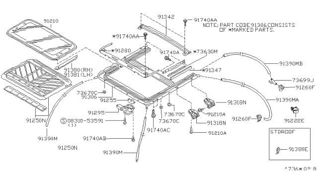 2001 Nissan Altima Deflector Assy-Sunroof Diagram for 91280-9E010