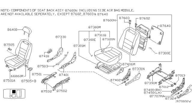 2001 Nissan Altima F/B RH GLE Dusk Leather S.A.B. Diagram for 87600-1Z115