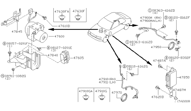 2000 Nissan Altima Anti Skid Actuator Assembly Diagram for 47850-9E000