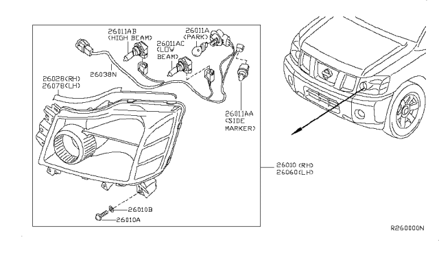 2005 Nissan Titan Driver Side Headlight Assembly Diagram for 26060-7S026