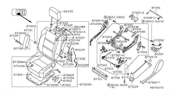2005 Nissan Titan Front Seat Armrest Assembly Diagram for 87750-8S201