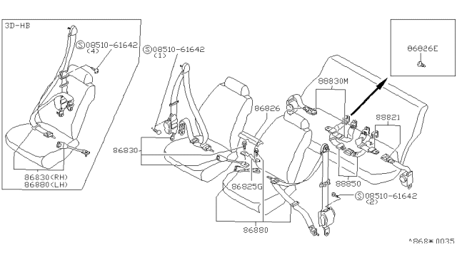 1984 Nissan Stanza Rear Seat Belt Set, 3Point Right Diagram for 88820-D1700