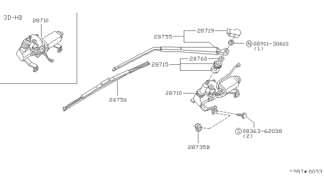 1985 Nissan Stanza Rear Windshield Wiper Blade Assembly Diagram for 28890-D1105