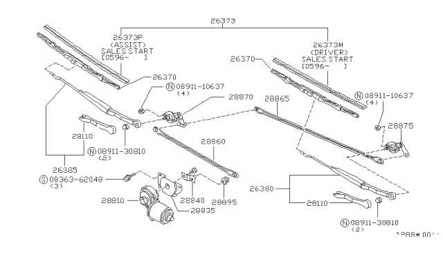 1986 Nissan Stanza Windshield Wiper Arm Assembly Diagram for 28880-D1200