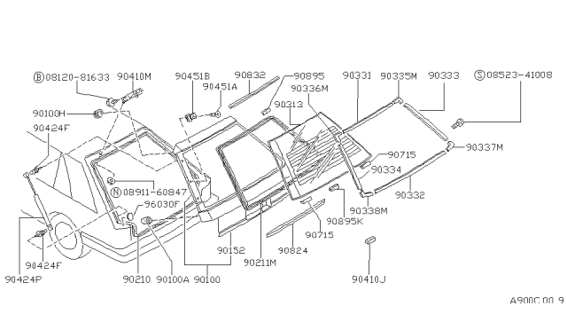 1990 Nissan Sentra Door-Back Outer Lower F/RR WIPER Diagram for 90152-64A35