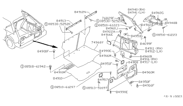 1987 Nissan Sentra Mask Rear Combination Lamp LH BLK/WHT Diagram for 84923-57A03