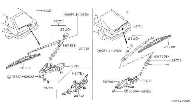1990 Nissan Sentra Rear Window Wiper Arm Assembly Diagram for 28780-55A00