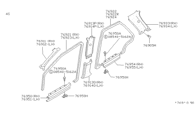 1989 Nissan Sentra GARNISH-Center Pillar Upper LH BRN Diagram for 76914-84A00