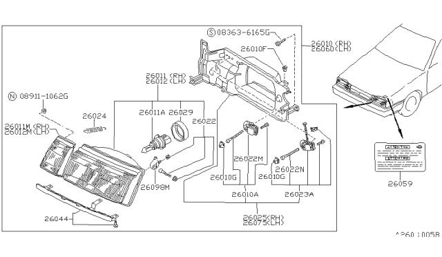 1988 Nissan Sentra Headlamp Housing Assembly, Driver Side Diagram for 26075-65A00