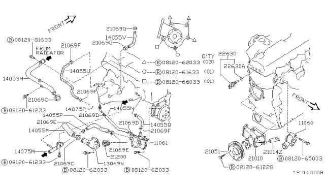 1989 Nissan Sentra Heater Return Pipe Assembly,Front Diagram for 14053-50A00