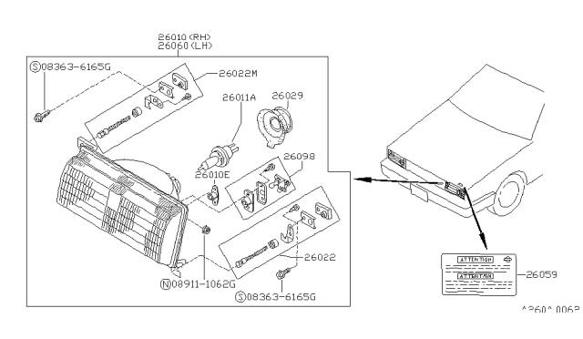 1988 Nissan Sentra Pivot Assembly-Head Lamp Diagram for 26098-84A00