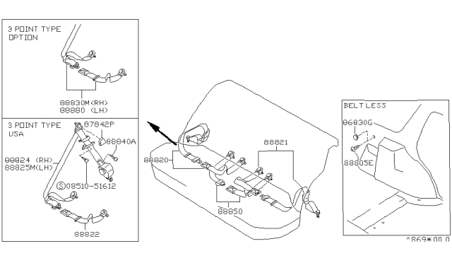 1989 Nissan Sentra Rear Seat Buckle Belt Assembly Diagram for 88822-61A12