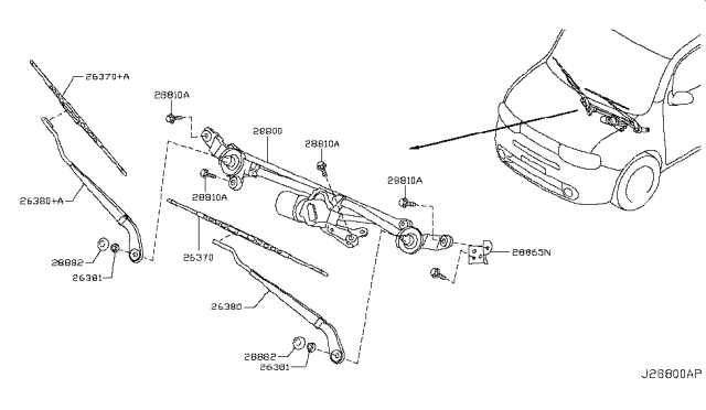 2010 Nissan Cube Window Wiper Blade Assembly Diagram for 28890-1FC0A