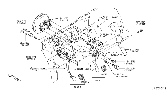 2014 Nissan Cube Pedal Assy-Brake W/Bracket Diagram for 46501-1JY1A