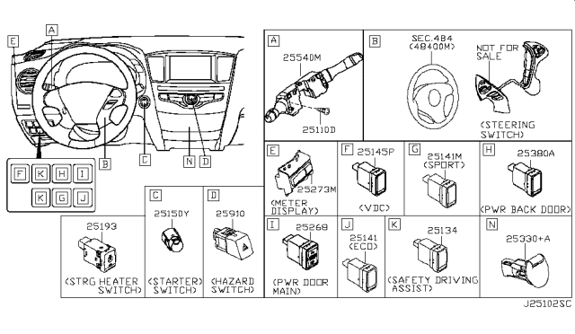 2018 Nissan Rogue Switch Assy-Combination Diagram for 25560-7FR9B