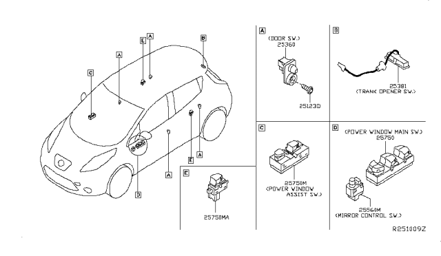 2017 Nissan Leaf Switch Assy-Power Window Main Diagram for 25401-3NF0A
