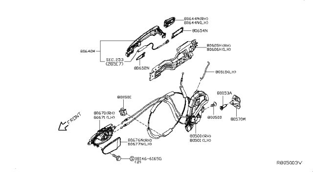 2014 Nissan Leaf Rear Door Inside Handle Assembly Right Diagram for 80670-3NF1A