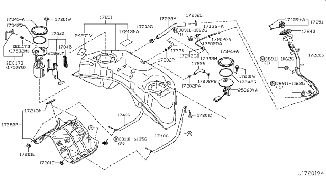 2011 Nissan 370Z Pin-Fuel Cap Mounting Diagram for 17429-1BB0A