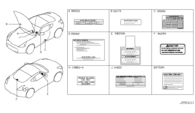 2015 Nissan 370Z Label-Information,Parts Content Diagram for 990A2-6GC0A