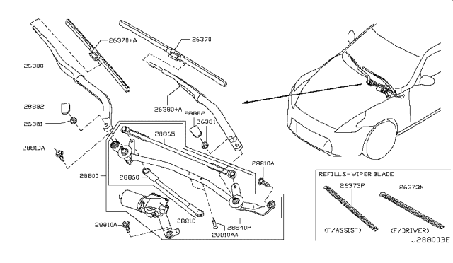 2011 Nissan 370Z Windshield Wiper Arm Assembly Diagram for 28881-1EA0B