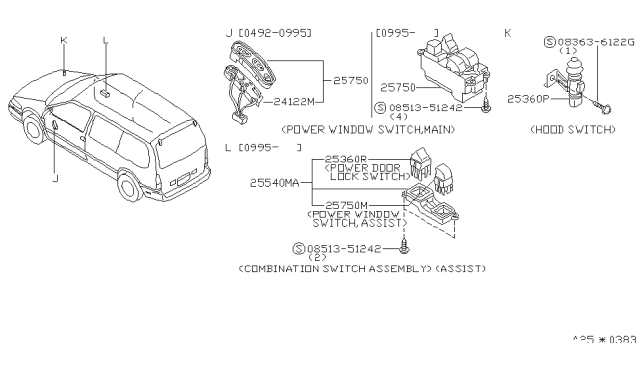 1995 Nissan Quest Switch Assy-Power Window,Main Diagram for 25401-0B100