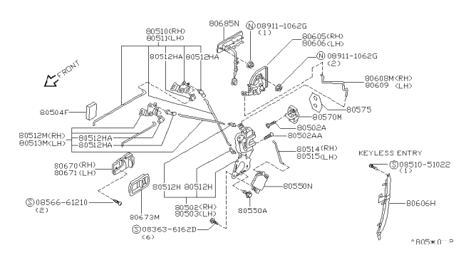 1994 Nissan Quest Front Door Outside Handle Assembly, Right Diagram for 80606-0B003