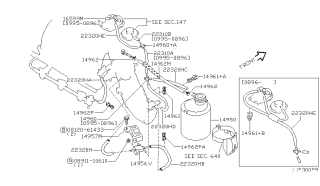 1996 Nissan Quest Hose-Vacuum Control,B Diagram for 22320-0B020