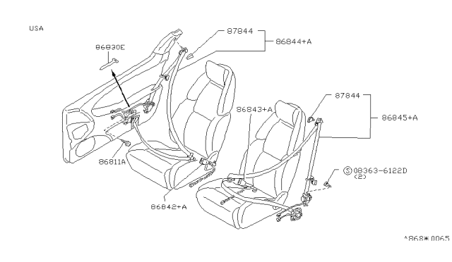 1994 Nissan 300ZX Front Seat Right Buckle Belt Assembly Diagram for 86842-45P00