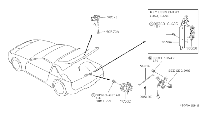1994 Nissan 300ZX Rear Door Lock Assembly Diagram for 90502-30P01