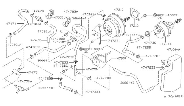 1994 Nissan 300ZX Hose-Vacuum,Clutch Diagram for 30864-30P05