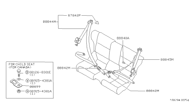 1995 Nissan 300ZX Rear Seat Buckle Belt Assembly Diagram for 88842-45P00