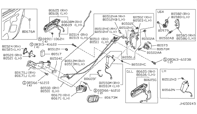 1992 Nissan 300ZX Front Door Outside Handle Assembly, Right Diagram for 80606-45P14