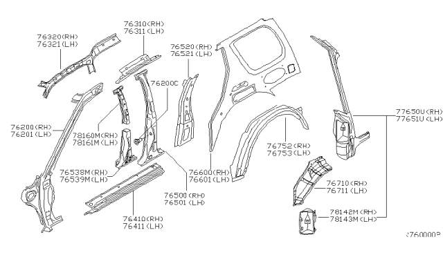 2002 Nissan Xterra REINF Assembly Body Side Qtr, RH Diagram for 78160-7Z030