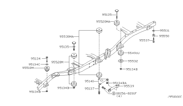2001 Nissan Xterra Rubber Body Mounting Diagram for 95520-41G00