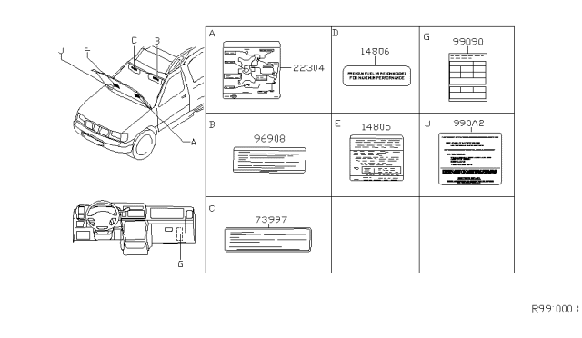 2002 Nissan Xterra Label-Information,Parts Content Diagram for 990A2-7Z806