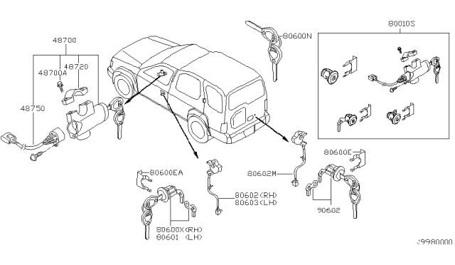 2002 Nissan Xterra Key Set-Cylinder Lock Diagram for K9810-2Z700