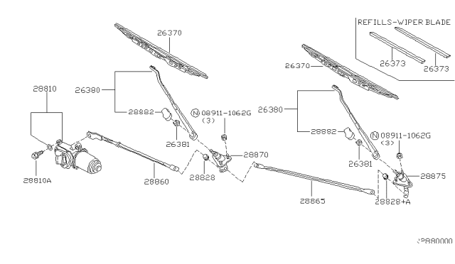 2001 Nissan Xterra Windshield Wiper Arm Assembly Diagram for 28880-8B400