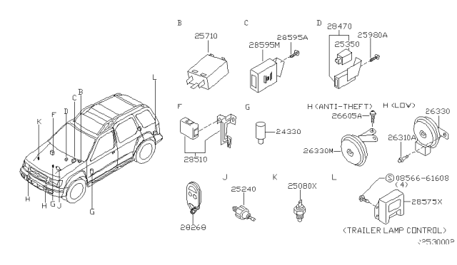 2000 Nissan Xterra Horn Assembly-ANTITHEFT Diagram for 25605-7B400