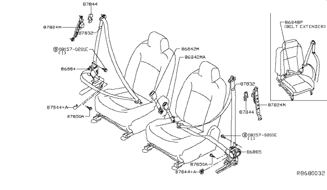 2016 Nissan Sentra Tongue Belt Assembly, Pretensioner Front Left Diagram for 86885-3RM8A