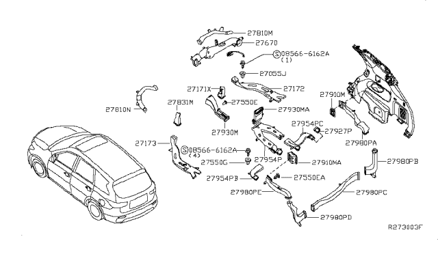 2017 Nissan Pathfinder Duct-Upper Ventilation,Rear Diagram for 27984-3KA0A