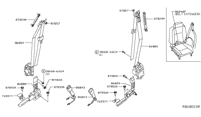 2014 Nissan Pathfinder Tongue Belt Assembly, Pretension Front Right Diagram for 86884-3KA8A